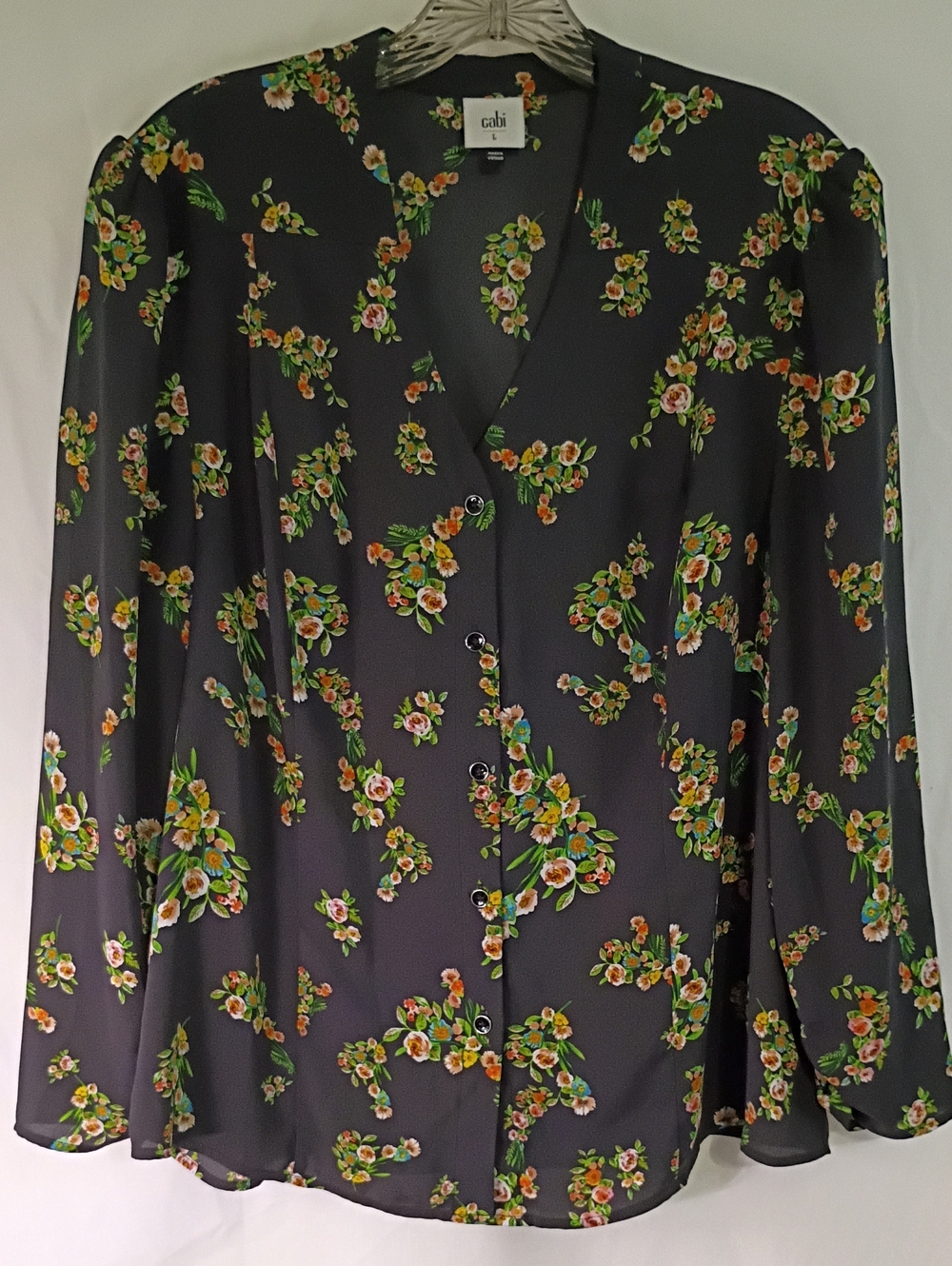 CAbi Black Floral V-Neck Button Front Blouse